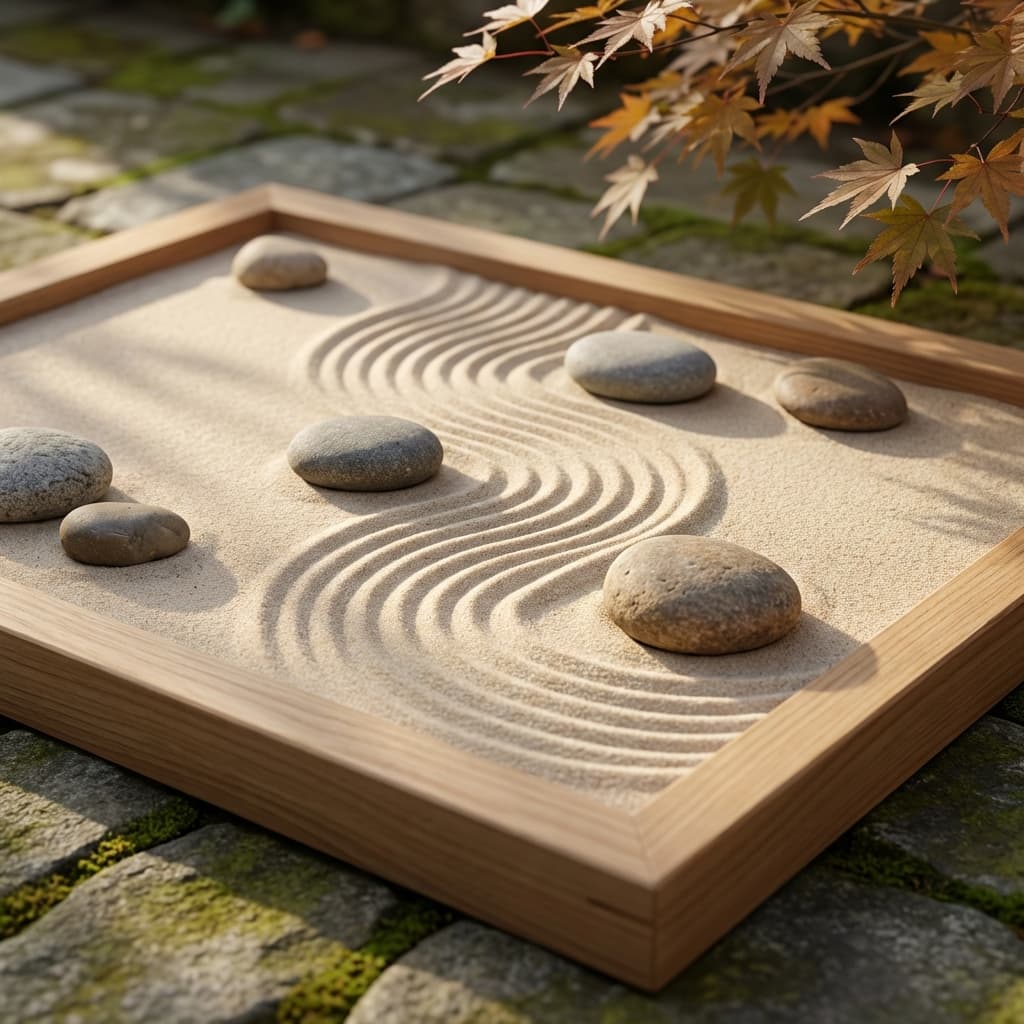 Zen sand patterns representing calm and tranquility